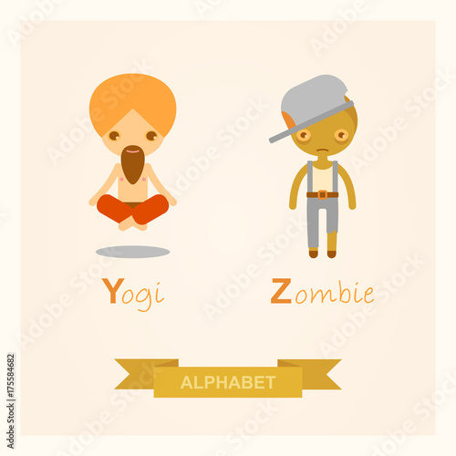 English alphabet with cartoon vector illustrations of the zombie and yogi. Y, Z letters.