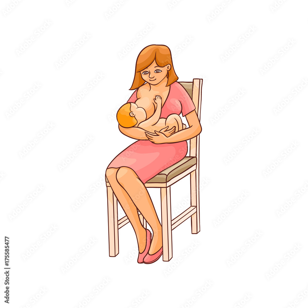 vector flat cartoon adult cute woman girl in red dress sitting at chair  with infant newborn baby toddler on her knees breast feeding smiling.  Isolated illustration on a white background. Stock Vector |