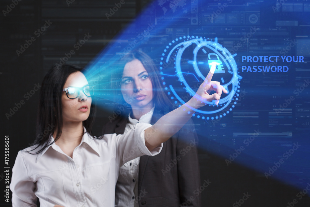 The concept of business, technology, the Internet and the network. A team of business women working on the virtual screen of the future and see the inscription: Protect your password The concept of business, technology, the Internet and the network. A team of business women working on the virtual screen of the future and see the inscription: Protect your password