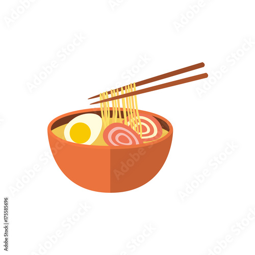 Japanese ramen soup, noodle with boiled egg and pork meat, traditional national food, flat vector illustration isolated on white background. Flat style Japanese ramen, noodle soup and chopsticks