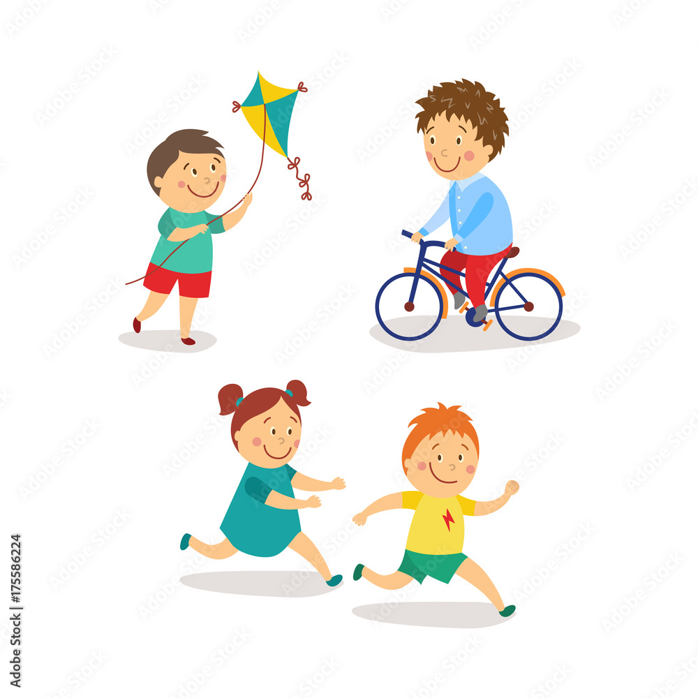 vector flat kids activity in kindergarten set. girl and boy having