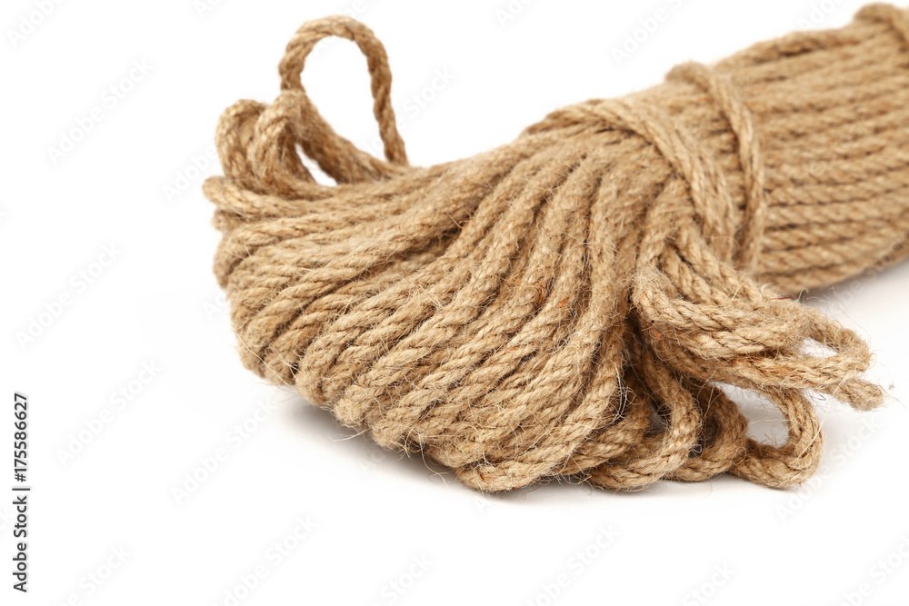 Burlap jute twine coil skein isolated on white Burlap jute twine coil skein isolated on white