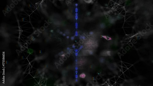 retro future hologram with a central element and a large number of changing soaring particles. cinematic background. seamless loop.