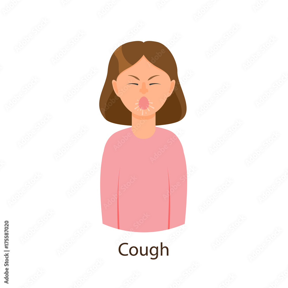 Vector cartoon young sick girl suffering from cough. Flat isolated female character illustration on a white background. Illness and disease symptoms concept