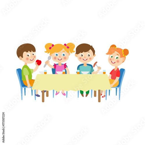 vector flat cartoon children at summer camp concept. Girls and boys kids sitting at big table eating vegetables, fruits and porridge holding forks spoons. Isolated illustration on a white background.
