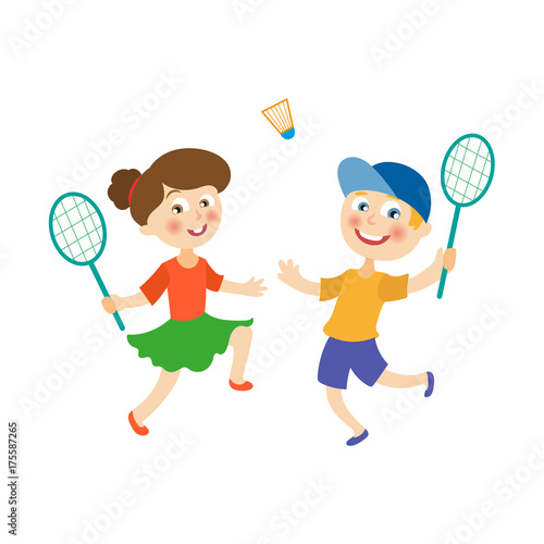 vector flat cartoon children at summer camp concept. Girl and boy playing badminton, shuttlecock holding rackets. Isolated illustration on a white background.