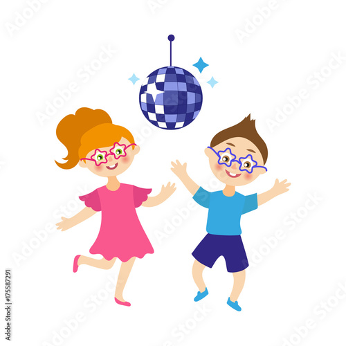 vector flat cartoon children at summer camp concept. Girl and boy having fun dancing at party with disco ball. Isolated illustration on a white background.