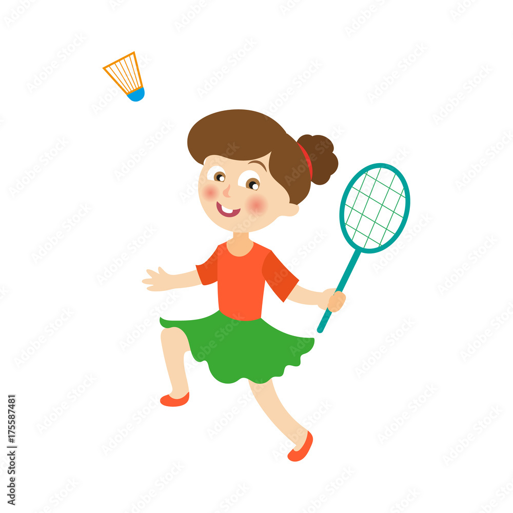 vector flat cartoon children at summer camp concept. Girl playing badminton,  shuttlecock holding rackets. Isolated illustration on a white background.  Stock Vector | Adobe Stock