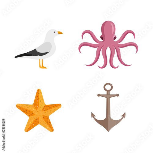 vector flat cartoon nautical, marine symbols set. Golden starfish, pink octopus poulpe, seagull, lighthouse and anchor. Isolated illustration on a white background.