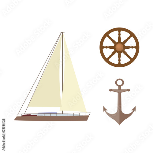 vecotr flat cartoon nautical, marine symbols set. Sailing yacht with big white sails, anchor and wooden ship steering wheel, handwheel icons. Isolated illustration on a white background. photo