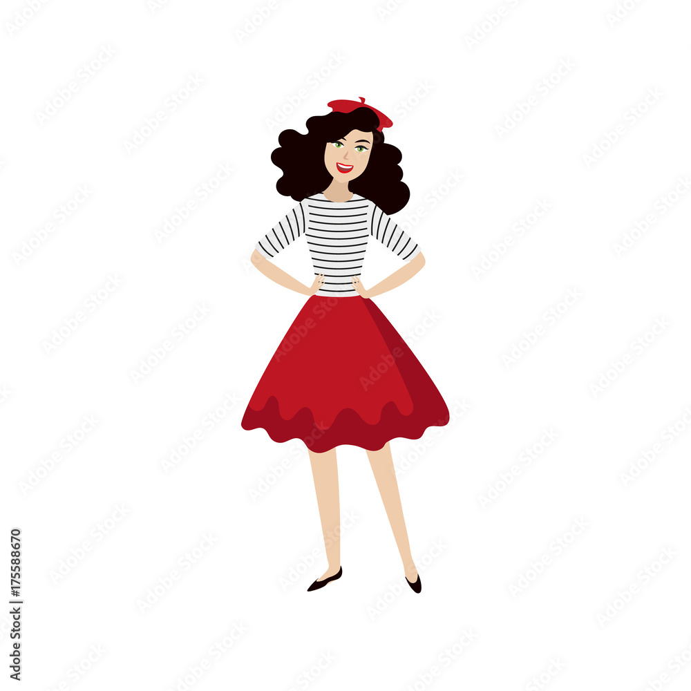vector flat cartoon beautiful young woman in red felt beret, long dress smiling. French, parisian style female portrait full length. Isolated illustration ona white background.