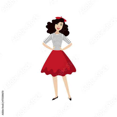 vector flat cartoon beautiful young woman in red felt beret, long dress smiling. French, parisian style female portrait full length. Isolated illustration ona white background.