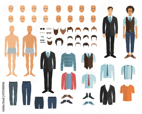 Male character in flat style. Constructor. Choose haircut, clothes and emotion. Vector illustration in flat style.
