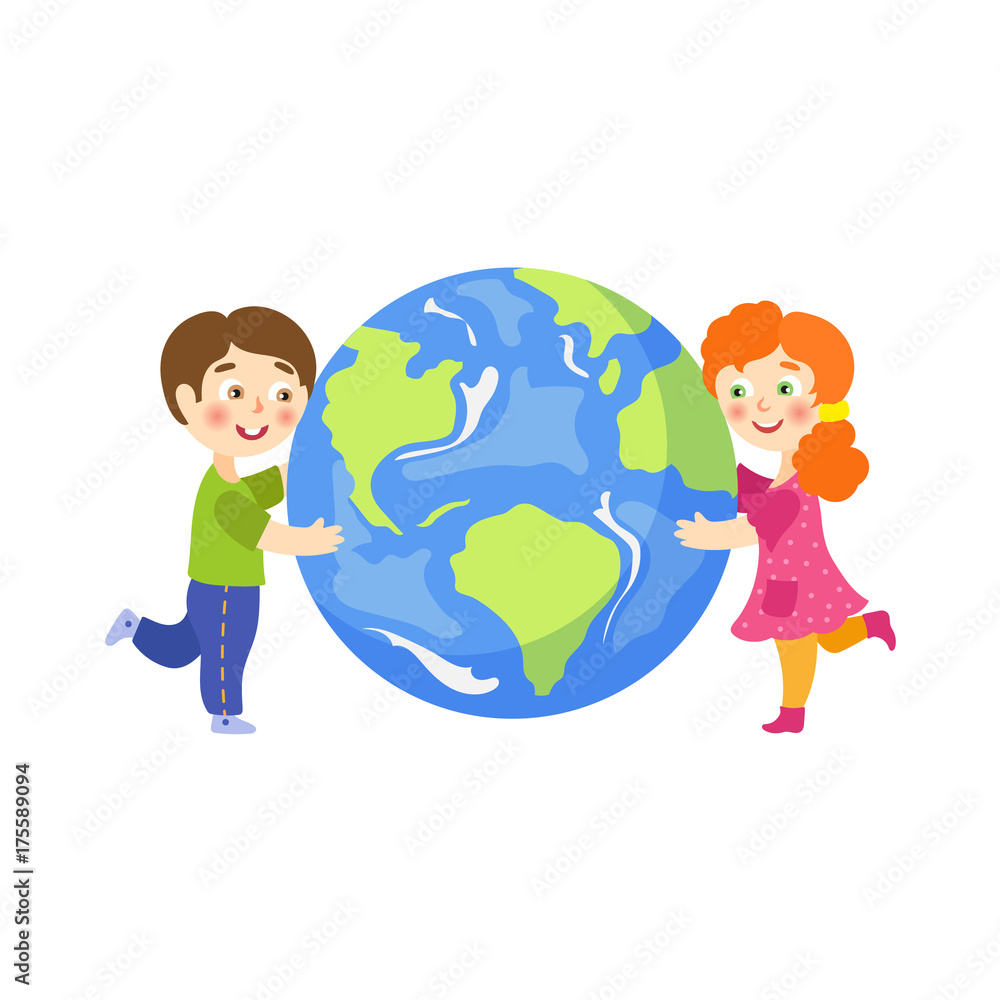 Vector save the planet concept. Flat cartoon happy girl and boy smiling children hugging earth globe planet. Isolated illustration on a white background. Vector save the planet concept. Flat cartoon happy girl and boy smiling children hugging earth globe planet. Isolated illustration on a white background.