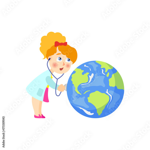 Vector save the planet concept. Flat cartoon girl doctor anxious holding stethoscope examining lungs of earth globe planet. Isolated illustration on a white background.