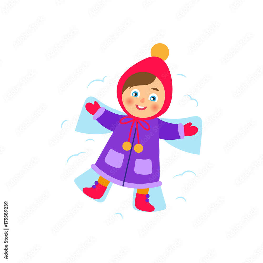 vector girl lying in the snow making snow angel. Flat cartoon isolated illustration on a white background. Kid having fun with snow outdoors. Winter children activity concept vector girl lying in the snow making snow angel. Flat cartoon isolated illustration on a white background. Kid having fun with snow outdoors. Winter children activity concept
