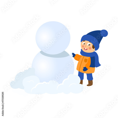 vector boy having fun with snow outdoors. Flat cartoon isolated illustration on a white background. Kid makes big snowball for snowman smiling. Winter children activity concept