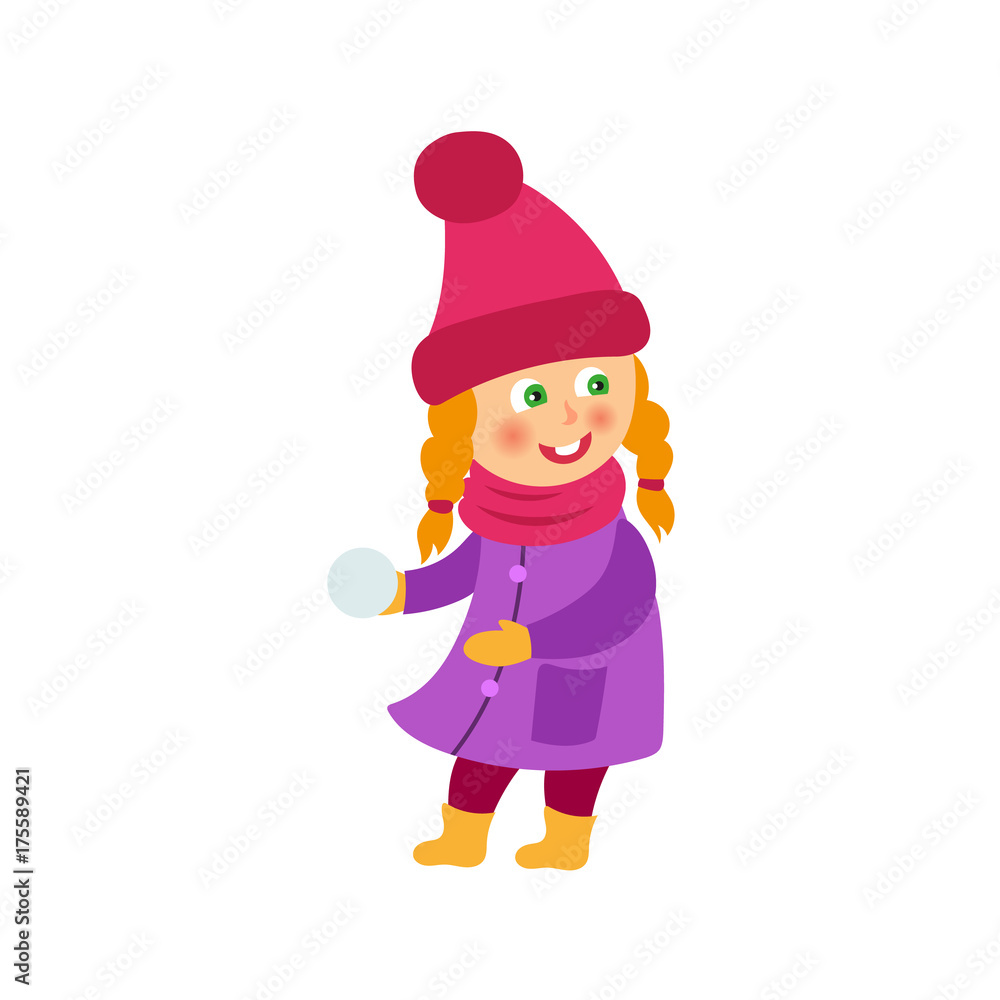 vector girl having fun with snow outdoors. Flat cartoon isolated illustration on a white background. Kid throwing snowballs smiling. Winter children activity concept