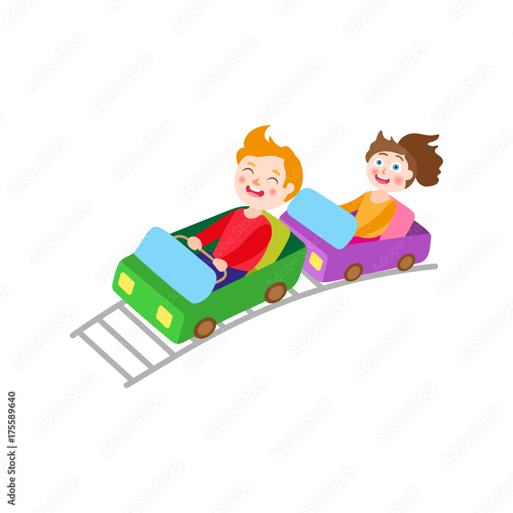 vector flat children in amusement park concept. Boy and girl on a thrilling roller coaster ride image. Isolated illustration on a white background. vector flat children in amusement park concept. Boy and girl on a thrilling roller coaster ride image. Isolated illustration on a white background.