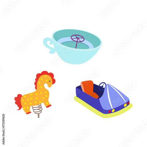 vector flat amusement park objects icon set. Spring horse seesaw, tea cup carousel and bumper car. Isolated illustration on a white background.