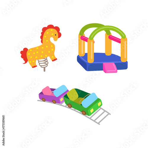 vector flat amusement park objects icon set. Spring seesaw horse, roller coaster and inflatable bouncy playground castle. Isolated illustration on a white background.