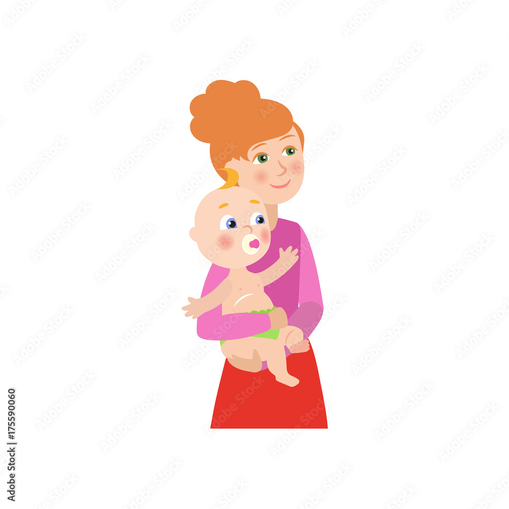 vector flat cartoon cute beautiful woman, girl holding newborn infant baby, toddler kid in her hands smiling. Isolated illustration on a white background. vector flat cartoon cute beautiful woman, girl holding newborn infant baby, toddler kid in her hands smiling. Isolated illustration on a white background.