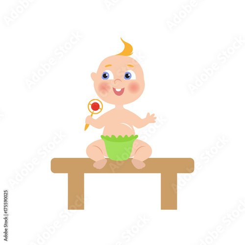 vector flat cartoon new born infant baby sitting at wooden table in green diaper holding rattle smiling. Isolated illustration on a white background