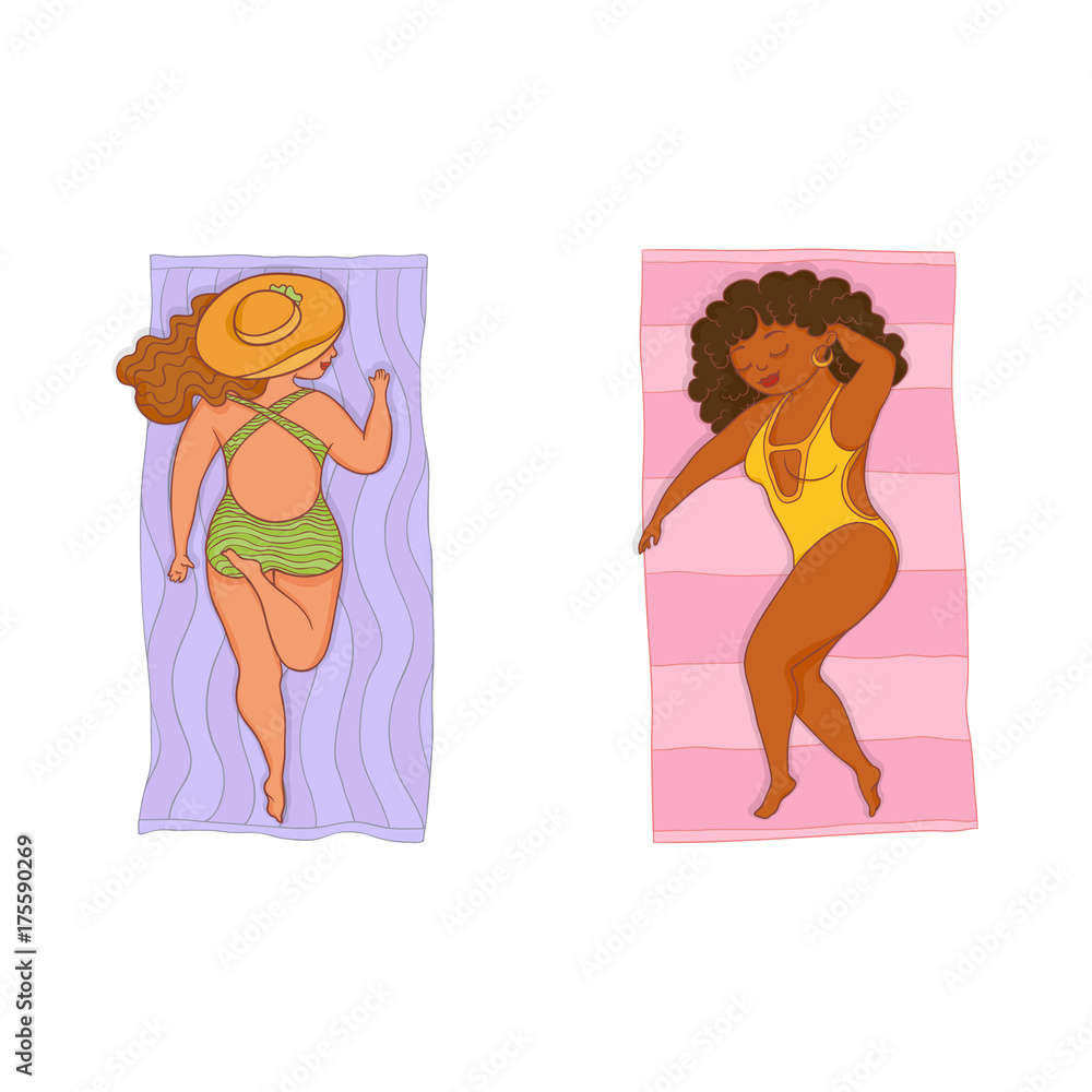 vector flat cartoon style caucasian, black plump women in colored swimsuit lying on beach mat set. Female cute character sunbathing at summer. Isolated illustration on a white background.