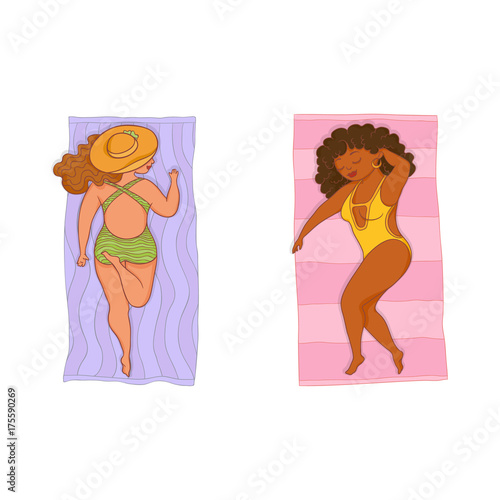 vector flat cartoon style caucasian, black plump women in colored swimsuit lying on beach mat set. Female cute character sunbathing at summer. Isolated illustration on a white background.