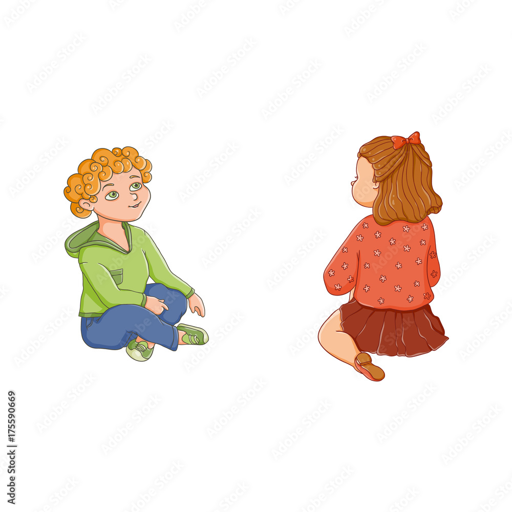 Vector Flat Kids Activity In Kindergarten Set. Girl And Boy Having