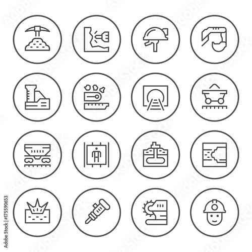 Set round line icons of mining
