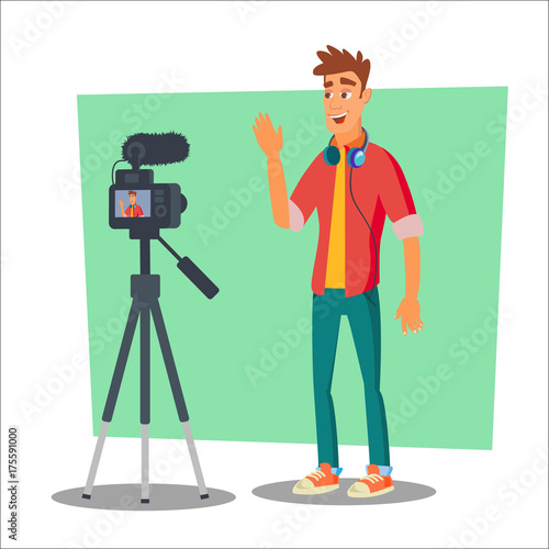 Video Blogger Vector. Cheerful Young Blogger Man. Vlog Concept. Shooting Video Clip. Flat Cartoon Illustration
