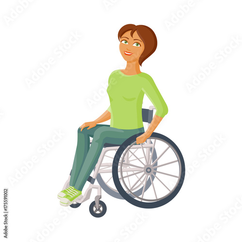 Young beautiful woman sitting in wheelchair, flat cartoon vector illustration isolated on white background. Happy woman sitting in wheelchair, living with disability, equal opportunities concept