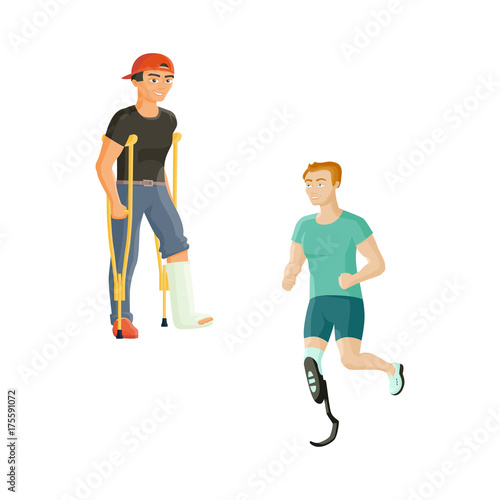 Two young man, one with broken leg and crutches, another with prosthetic leg, flat cartoon vector illustration isolated on white background. Man with a plaster cast and sportsman with artificial leg