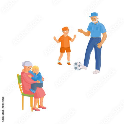 vector flat grandparents and children set. Grandfather in jeans and grandson playing football, grandmother sitting with small boy at her knees at chair. Isolated illustration on a white background.