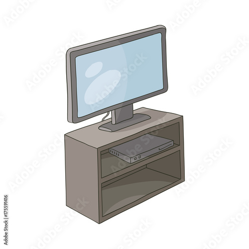 vector flat cartoon TV panel, floor stand with plasma monitor and play station console on the shelf. Isolated illustration on a white background. Teenagers and modern digital visual technology concept