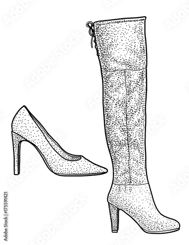 Woman shoe and boot illustration, drawing, engraving, ink, line art, vector