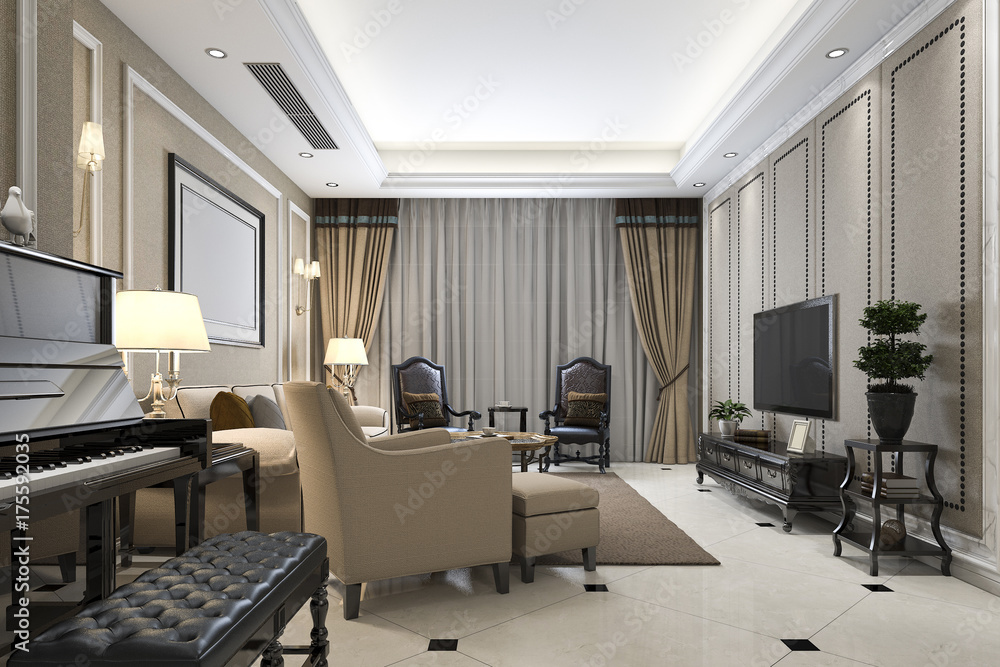 3d rendering classic warm living room with piano and armchair 3d rendering classic warm living room with piano and armchair