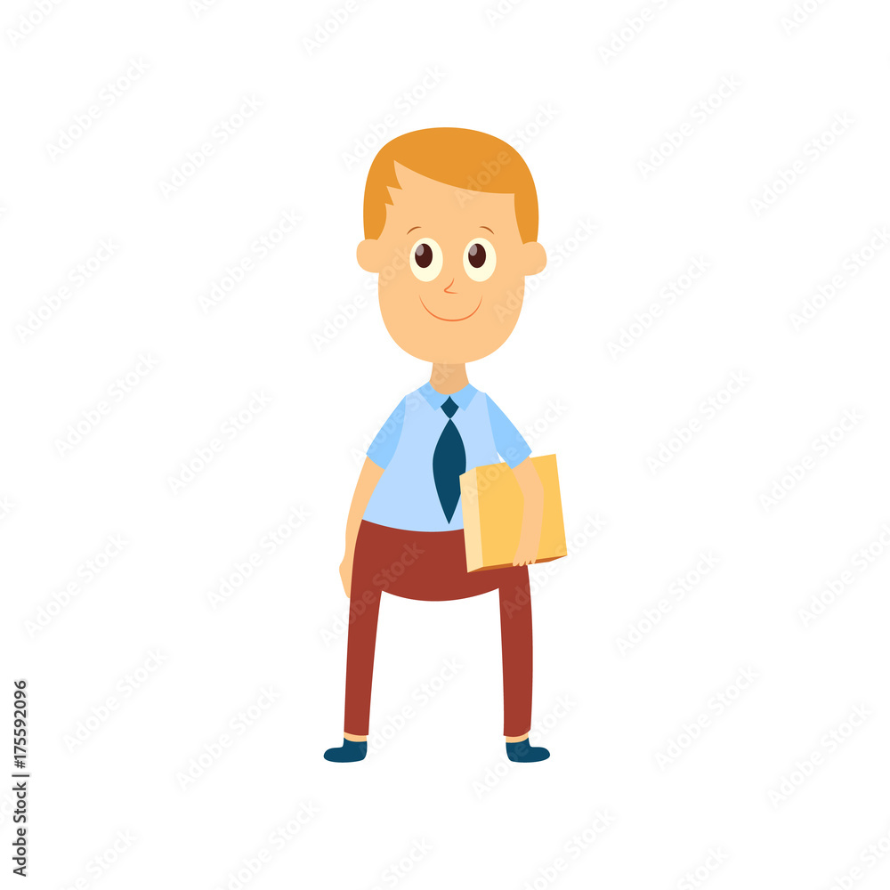 vector flat cartoon male character - cute boy pupil, schoolkid standing smiling holding books or box in hands. Isolated illustration on a white background.