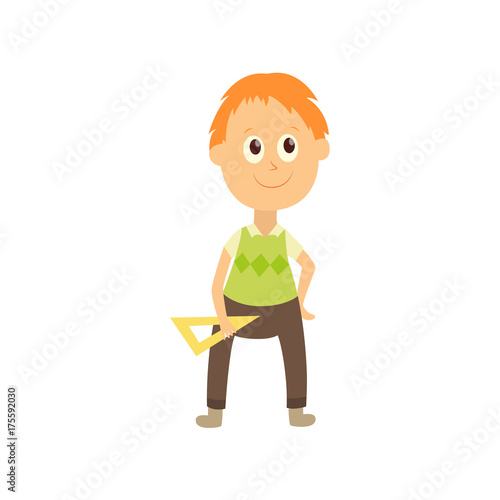 vector flat cartoon male character - cute boy pupil, schoolkid standing smiling holding triangle in hands. Isolated illustration on a white background. © sabelskaya