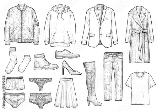 Collection of clothes illustration, drawing, engraving, ink, line art, vector