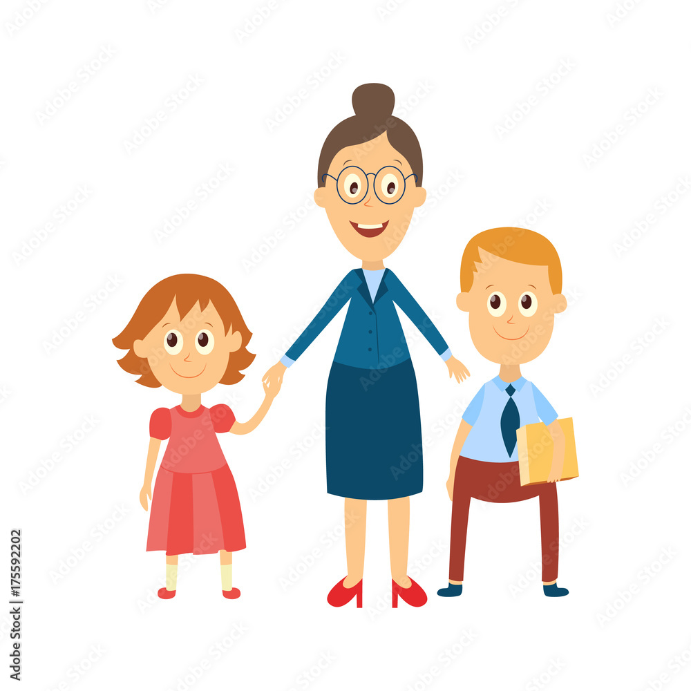 vector flat cartoon adult woman teacher in glasses hugging boy and girl kids pupils holding books, notebooks. Isolated illustration on a white background.