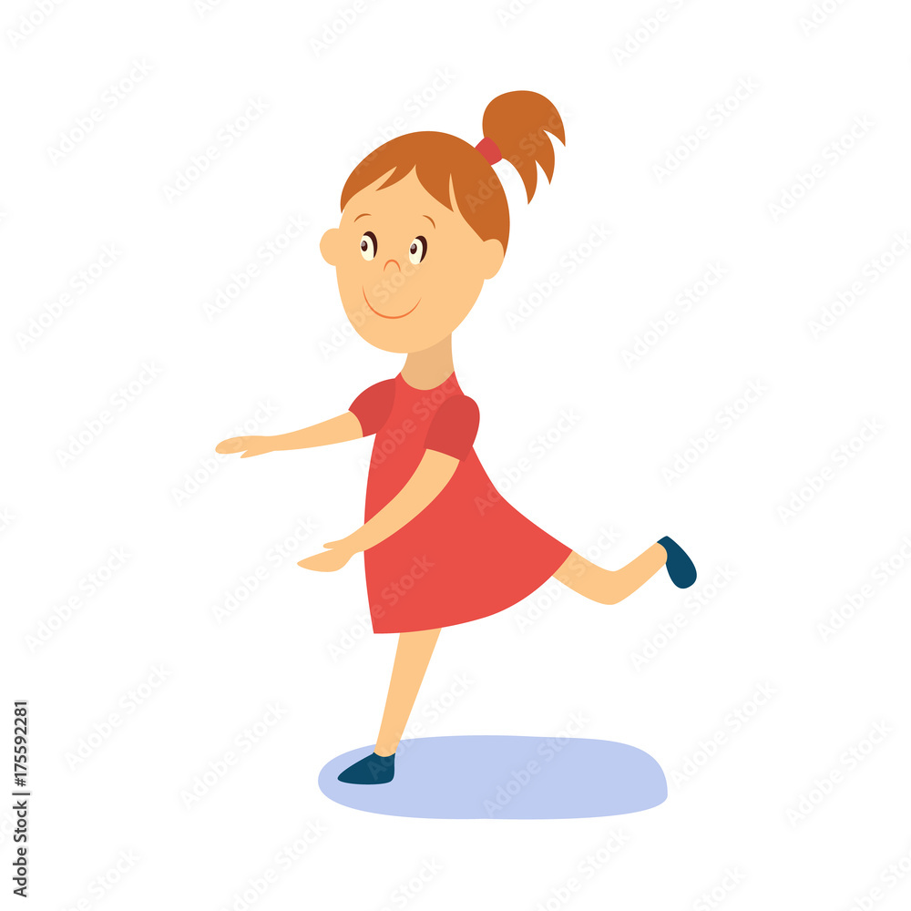 vector flat cartoon girl child dancing alone in red dress smiling. Little dancer female character. Isolated illustration on a white background. Kids party concept vector flat cartoon girl child dancing alone in red dress smiling. Little dancer female character. Isolated illustration on a white background. Kids party concept
