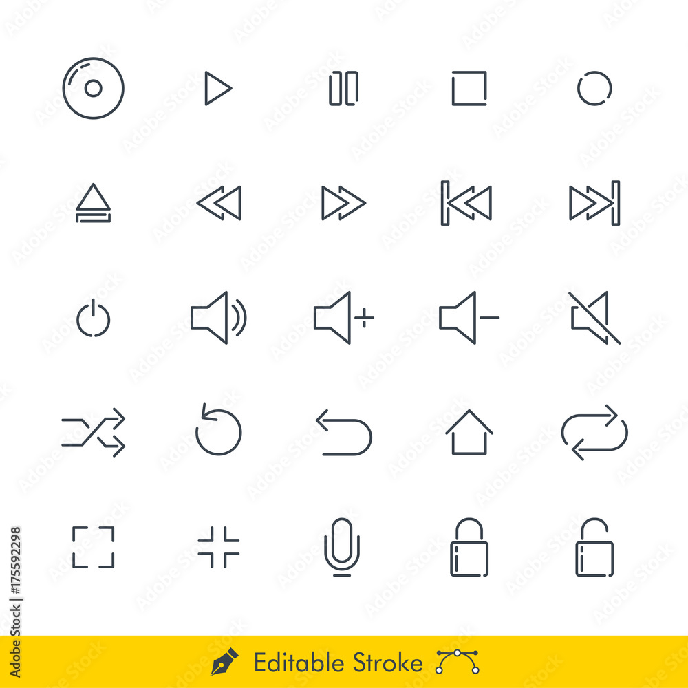 Media Player Icons / Vectors Set - In Line / Stroke Design with Editable Stroke Media Player Icons / Vectors Set - In Line / Stroke Design with Editable Stroke