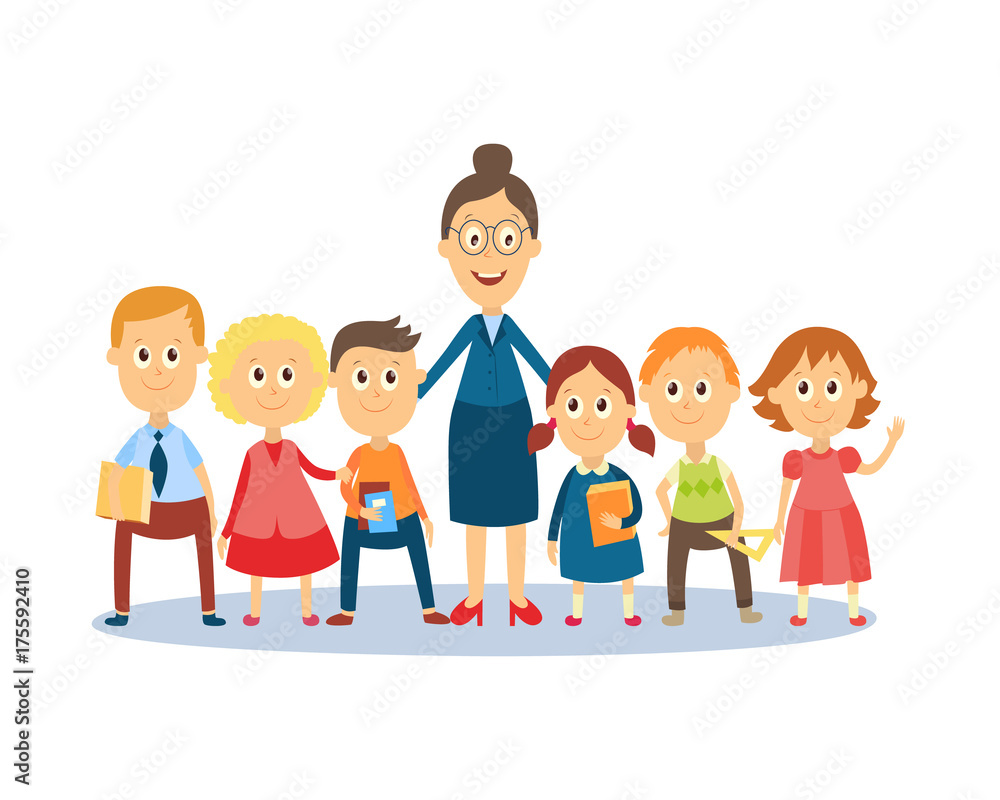 Full length portrait of female teacher standing with students, pupils, flat cartoon, comic style vector illustration isolated on white background. Funny teacher and students standing together Full length portrait of female teacher standing with students, pupils, flat cartoon, comic style vector illustration isolated on white background. Funny teacher and students standing together