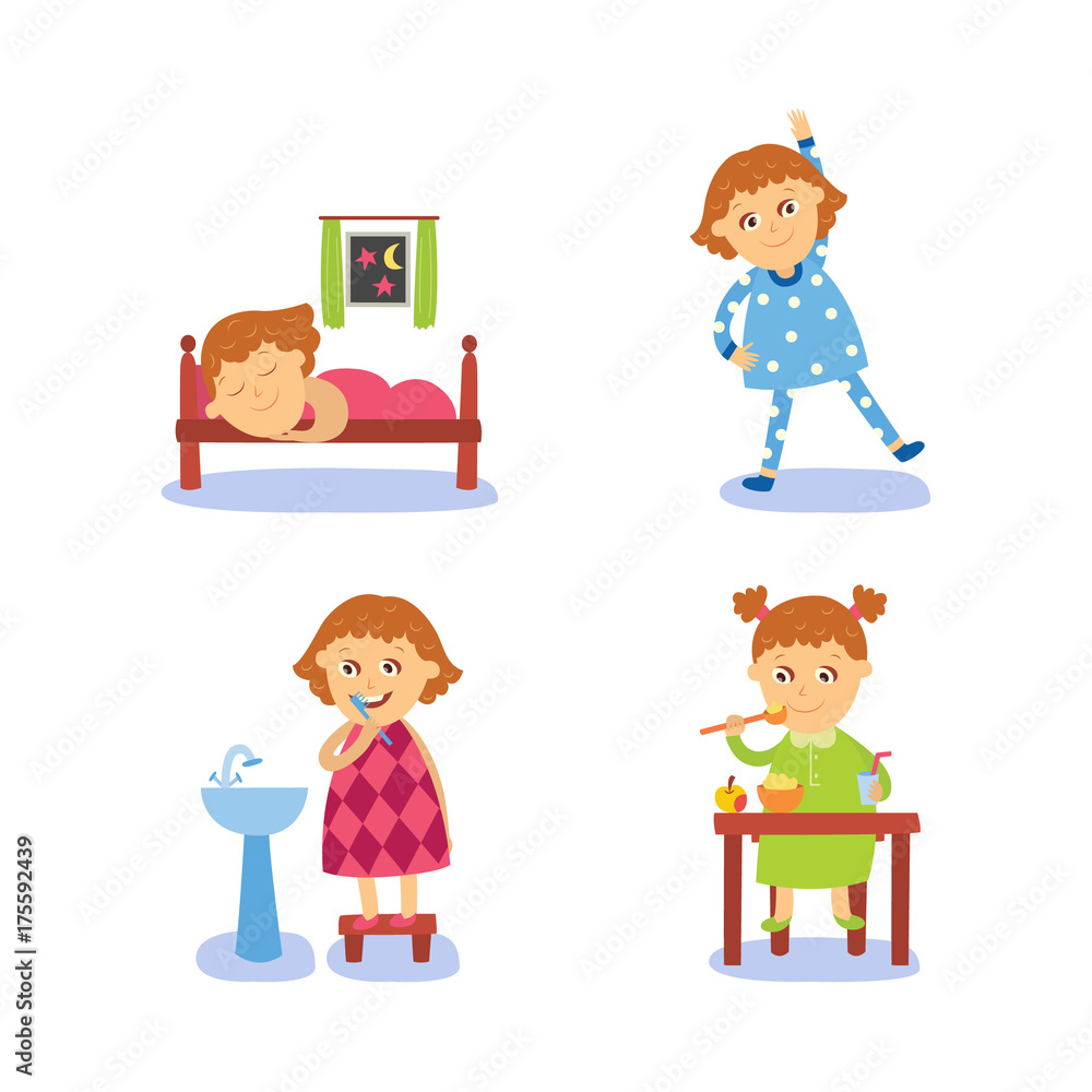 vector flat girl kid doing everyday routine activity set. Child washing hands , brushing teeth, making physical exercises, eating and sleeping . Isolated illustration on a white background. vector flat girl kid doing everyday routine activity set. Child washing hands , brushing teeth, making physical exercises, eating and sleeping . Isolated illustration on a white background.