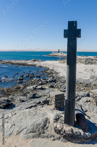 Diaz Point with stone cross on the Luderitz Peninsula in the Namib desert, Namibia, Southern Africa