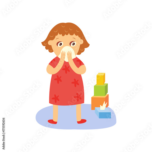 vector flat kid girl standing near pyramyd of cubics holding paper napkin near her face suffering from runny nose. female character isolated illustration on a white background. Daily routine concept photo