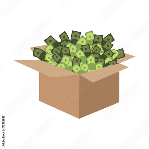 Box of money. Cardboard box and cash. Vector illustration