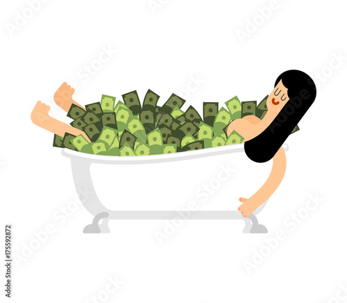 Girl in bathtub of money. Woman in Bath full cash. Vector illustration